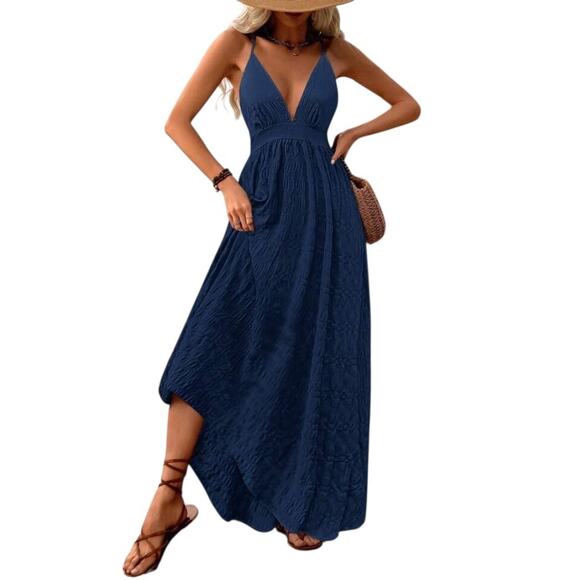 Spaghetti Strap Maxi Dress Womens Medium Blue Deep V Criss Cross Back Summer - Picture 8 of 9